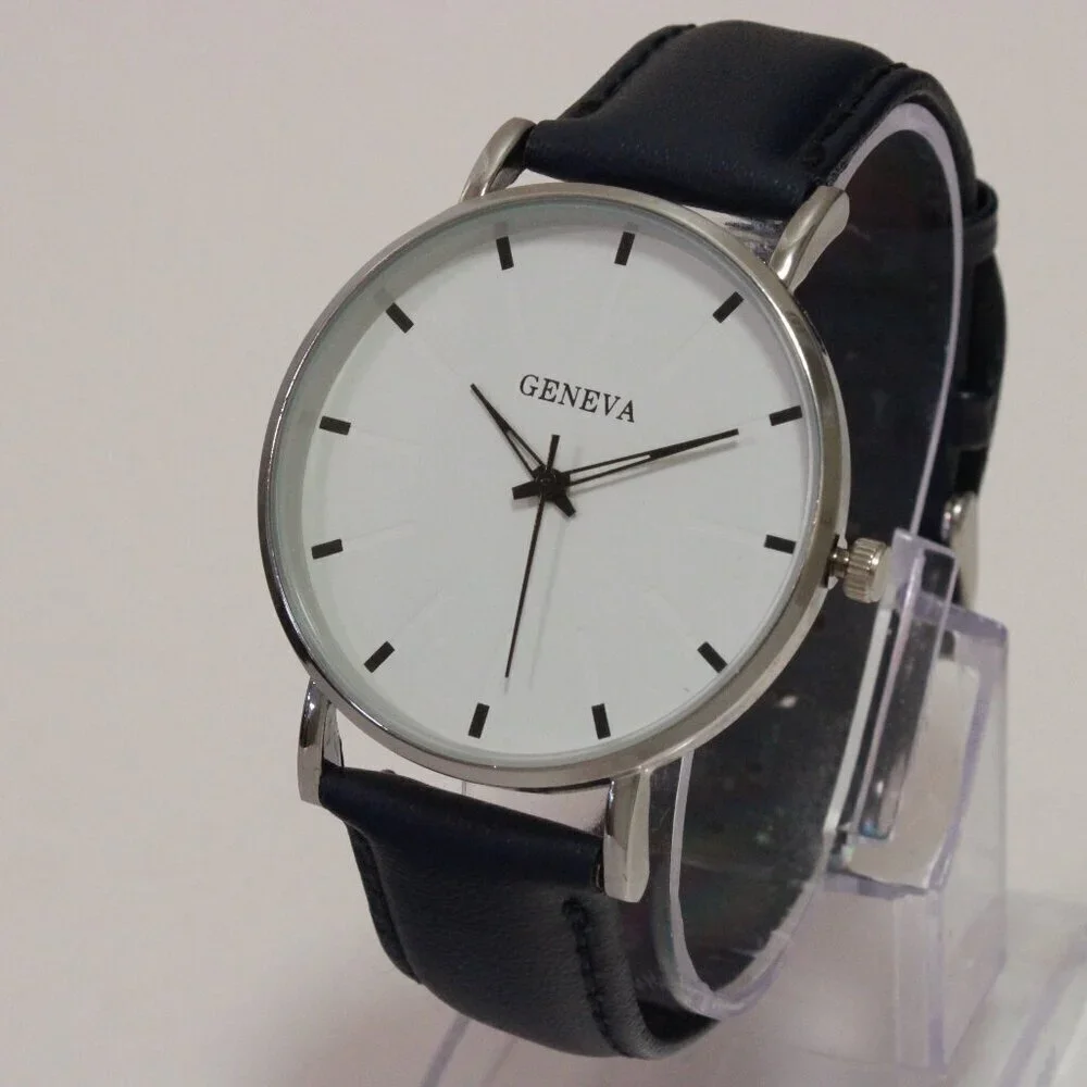 Men's Minimalist Fashion Watch Silver Case White Dial Navy Blue Strap 40mm